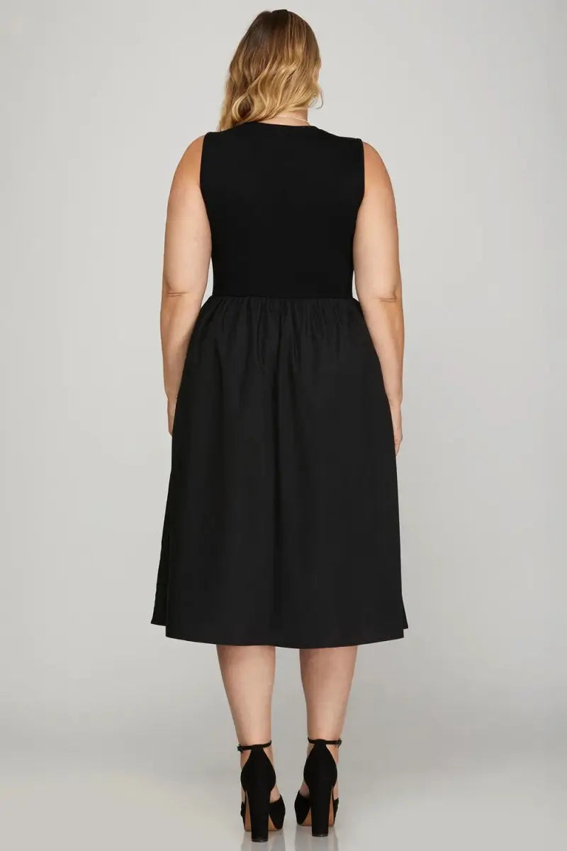 She + Sky Full Size Sleeveless Poplin Woven Midi Dress Plus Size - Love Salve